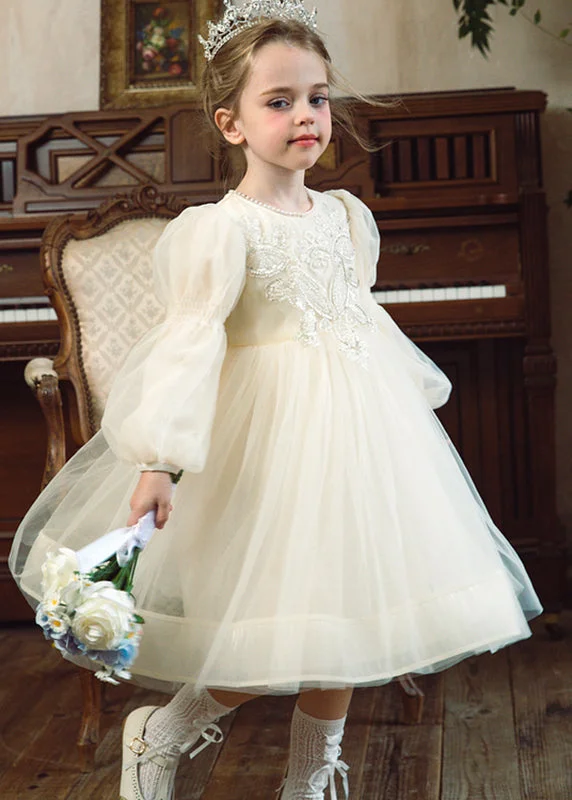 Cute Apricot Embroideried Patchwork Tulle Girls Maxi Dress Fall QV014 Tunics Timeless classic