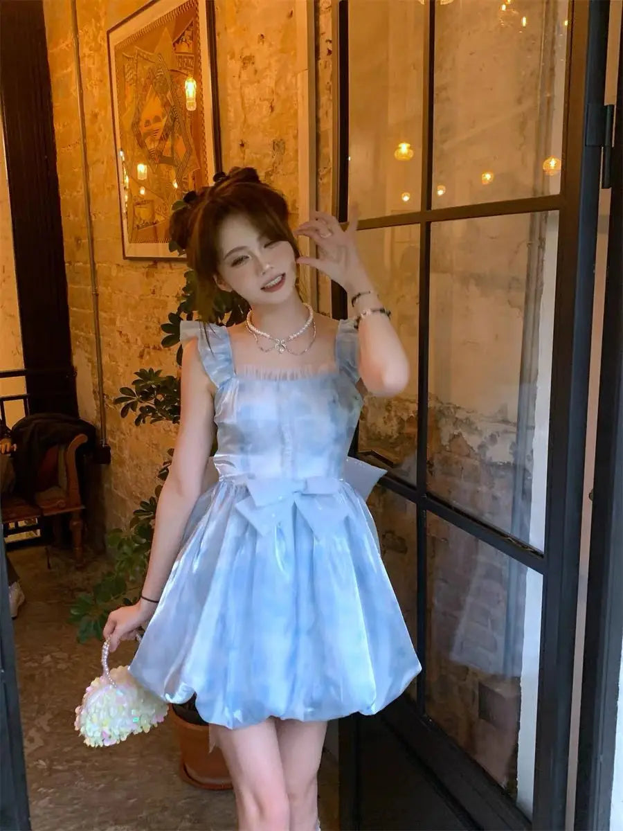 2024 Summer Backless Blue France Vintage Mini Dress Women Bow Flying Sleeve Sweet Elegant Dress Female Korea Evening Party Dress Tunics Versatile stylish 2024 Summer Backless Blue France Vintage Mini Dress Women Bow Flying Sleeve Sweet Elegant Dress Female Korea Evening Party Dress Tunics Versatile stylish