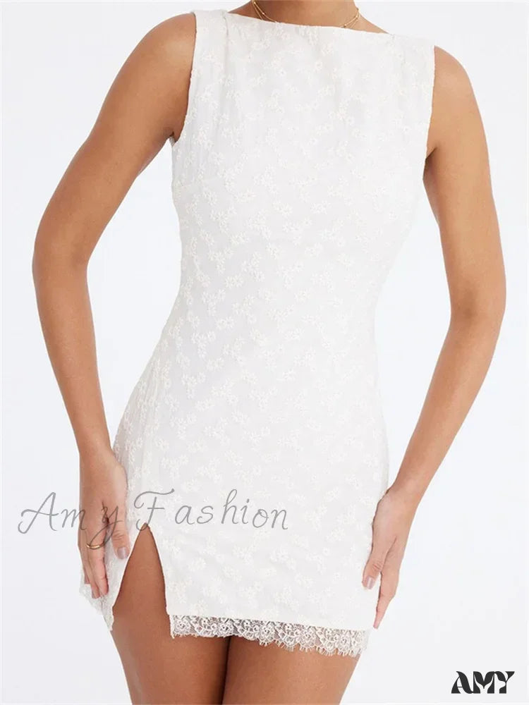 Amy Fashion - Lace Floral Elegant Sleeveless Backless Lace Mini Dress Trendy Button-Detail Mini Dress