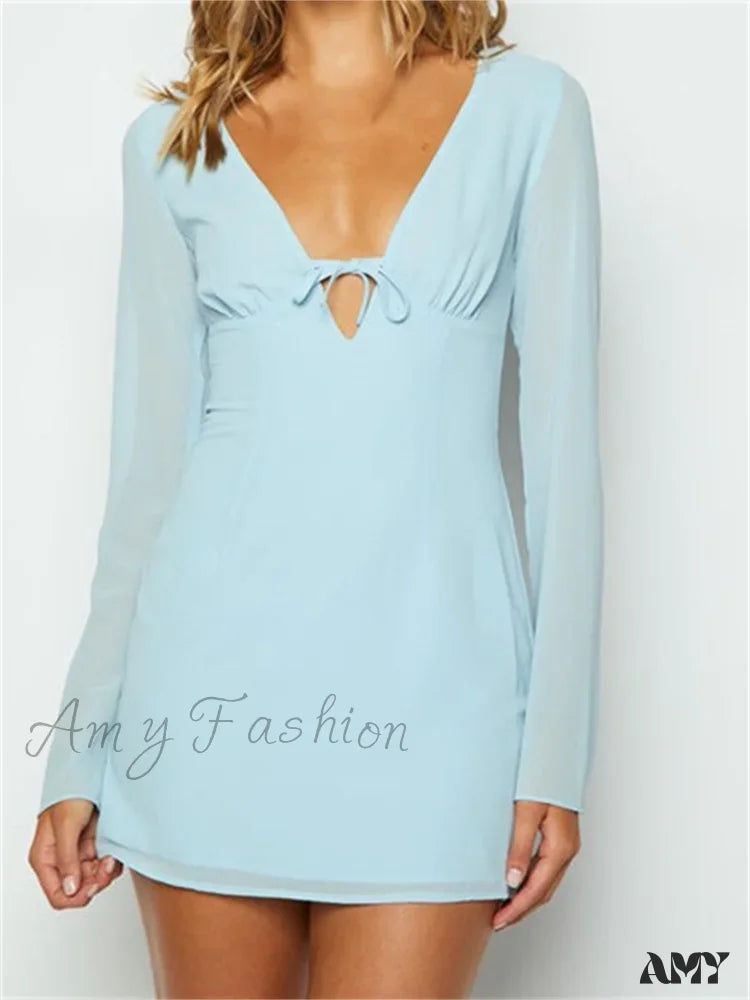 Amy Fashion - Elegant Long Sleeve Solid Casual Deep V Neck Mini Dress Stylish Spaghetti Strap Mini Dress Amy Fashion - Elegant Long Sleeve Solid Casual Deep V Neck Mini Dress Stylish Spaghetti Strap Mini Dress