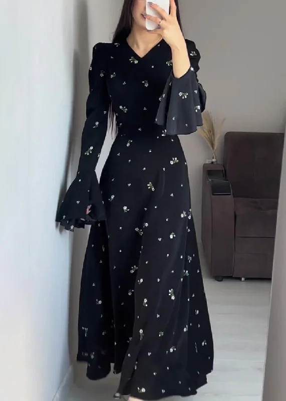 Stylish Black V Neck Print Cotton Maxi Dresses Butterfly Sleeve QL010 Tunics New arrival