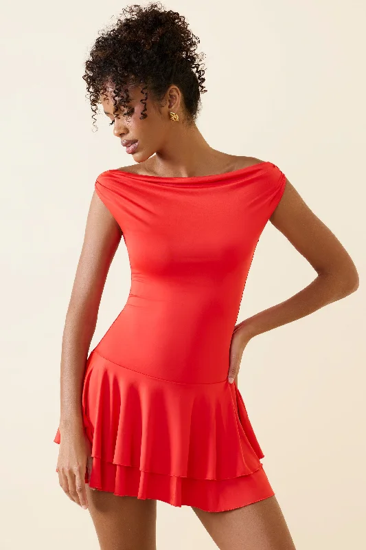 Off-Shoulder Ruffled Mini Dress in Scarlet Trendy Floral Mini Dress