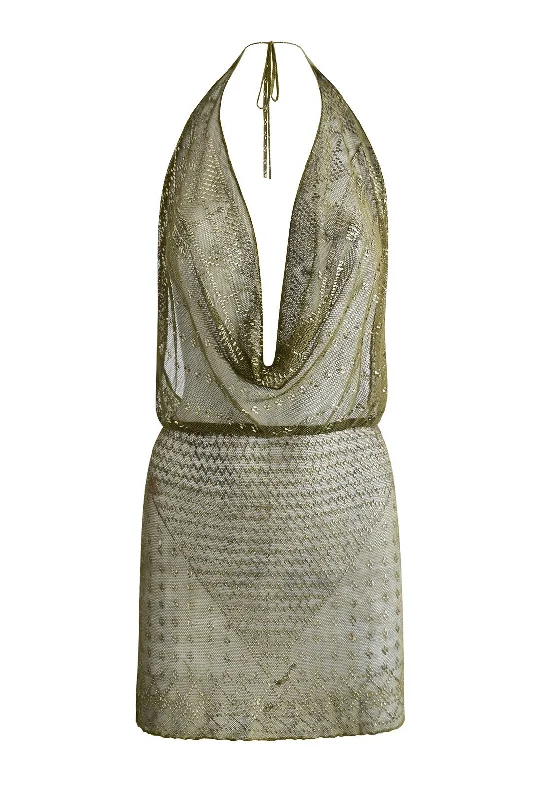 1920's Egyptian Olive Green Mini Dress Trendy Button-Detail Mini Dress