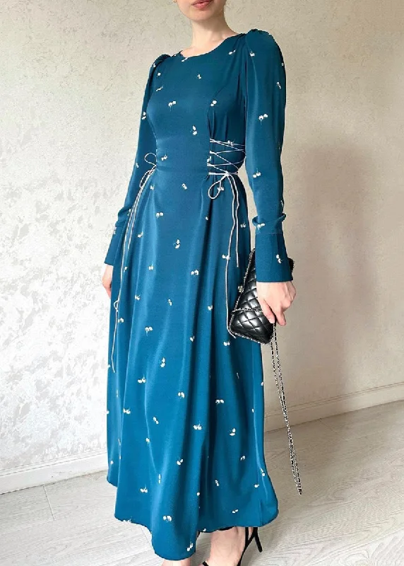 French Blue Lace Up Print Cotton Long Dresses Fall WO047 Tunics Fashionable trendy