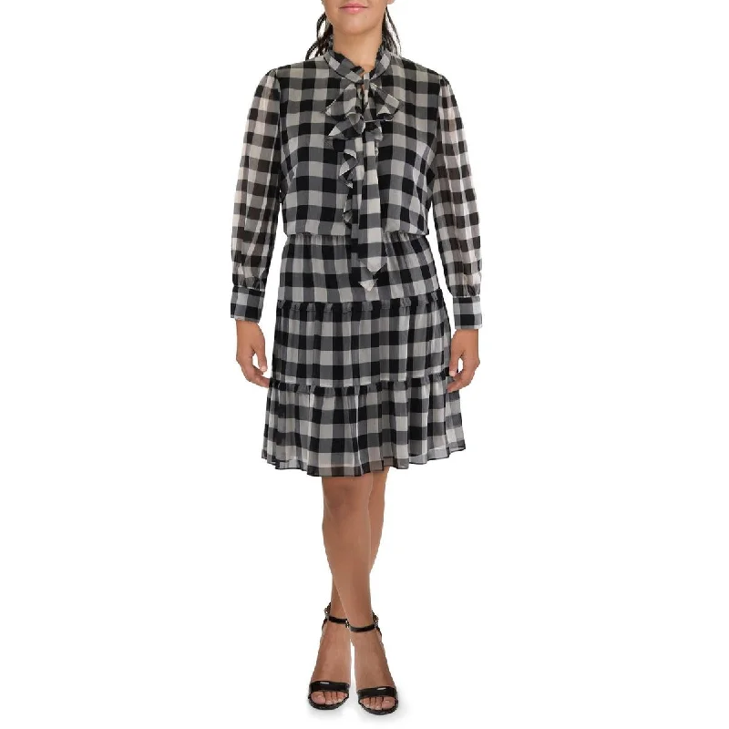 Womens Checkered Chiffon Shift Dress Crew Neckline Sporty