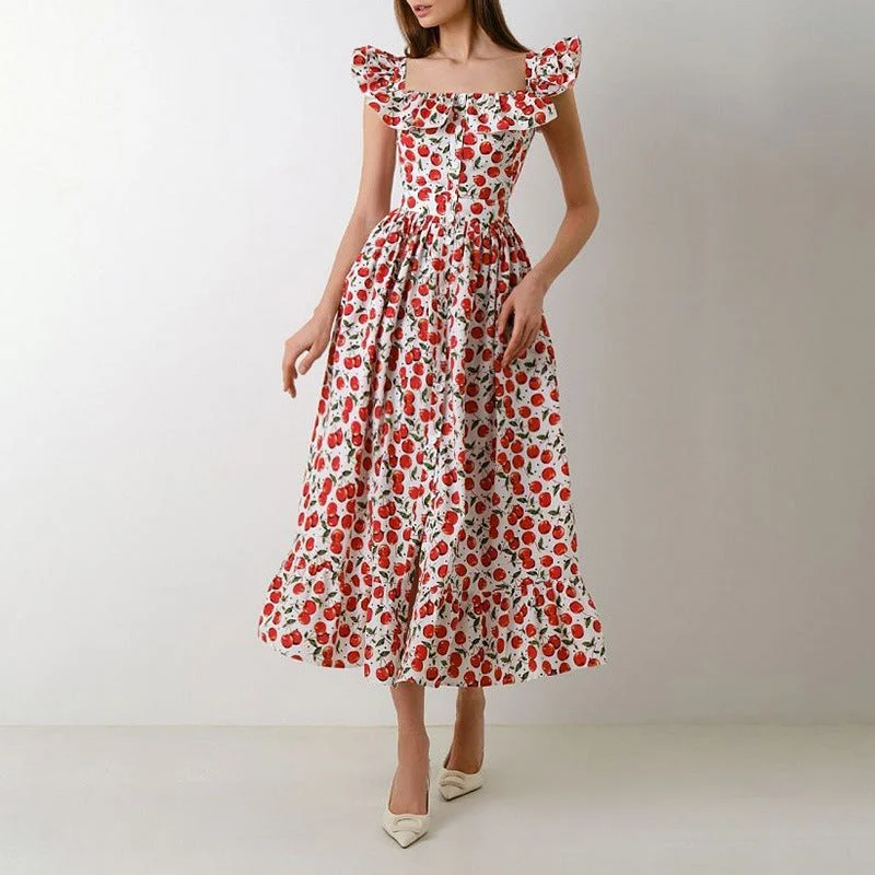 IKEARLAX Fashion Square Collar Floral Dress Waist Slimming Seaside Holiday Puff Sleeve Dress Cross Border Hot Sale Tunics Recommended stylist IKEARLAX Fashion Square Collar Floral Dress Waist Slimming Seaside Holiday Puff Sleeve Dress Cross Border Hot Sale Tunics Recommended stylist