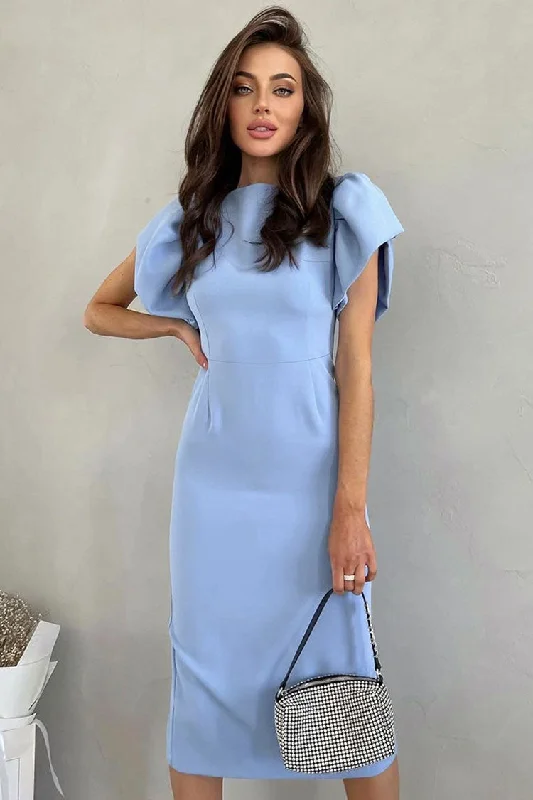 French Crew Neck Puff Sleeve Split Bodycon Cocktail Party Midi Dress - Blue Tunics Winter warm French Crew Neck Puff Sleeve Split Bodycon Cocktail Party Midi Dress - Blue Tunics Winter warm