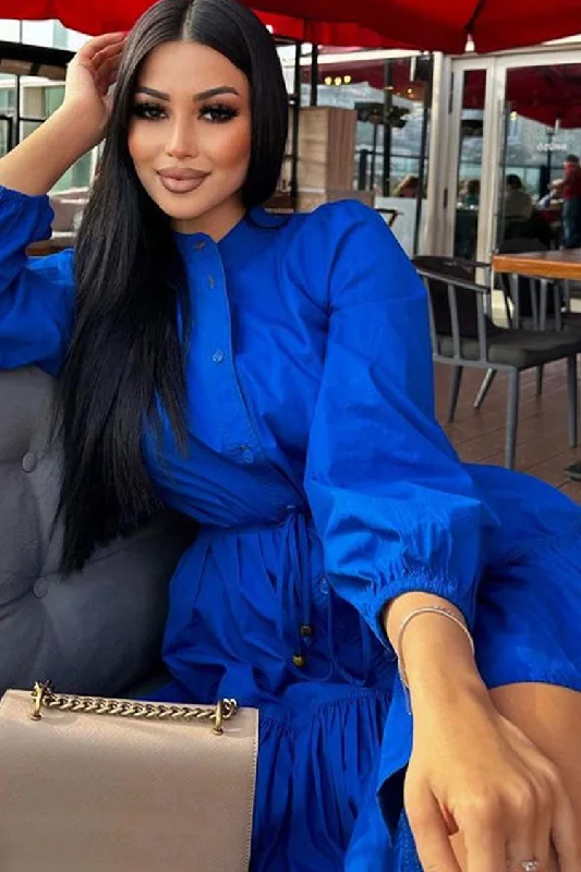 Elegant Button Down Bishop Sleeve A line Ruffle Shirt Mini Dress - Royal Blue Tunics Versatile all-occasion Elegant Button Down Bishop Sleeve A line Ruffle Shirt Mini Dress - Royal Blue Tunics Versatile all-occasion