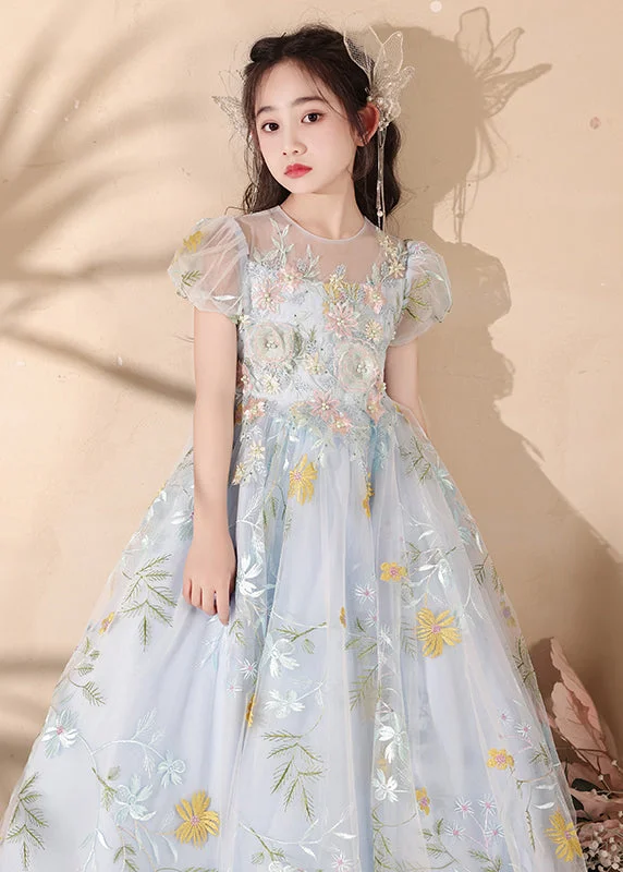 Stylish Blue Embroideried Patchwork Tulle Girls Maxi Dress Summer QV025 Tunics Denim casual Stylish Blue Embroideried Patchwork Tulle Girls Maxi Dress Summer QV025 Tunics Denim casual