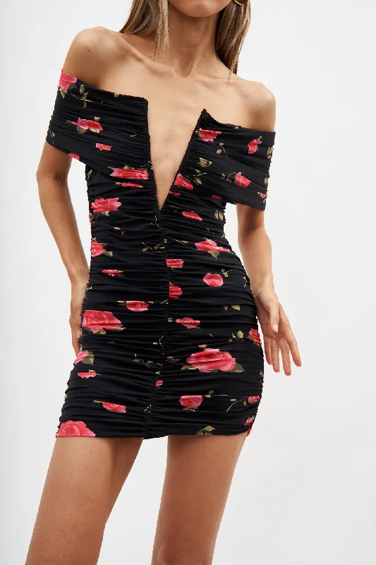Off Shoulder Ruched Deep V Black Print Mini Dress Fashionable Party Mini Dress