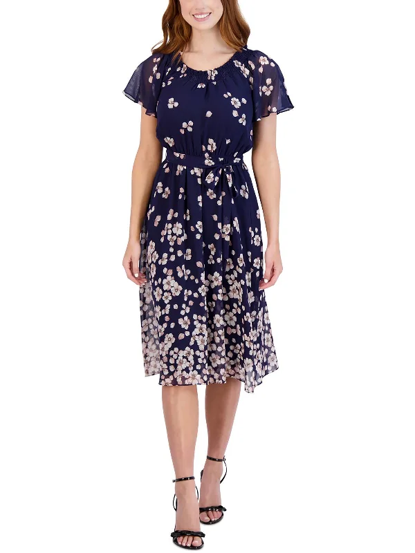 Womens Smocked Mid-Calf Midi Dress Casual Short Summer