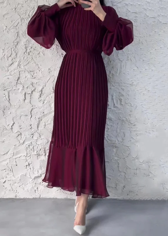 French Wine Red Wrinkled High Waist Chiffon Dress Fall QL008 Tunics Office stylish