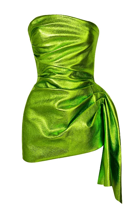 Metallic Green Draped Leather Mini Dress Chic Puff Sleeve Mini Dress