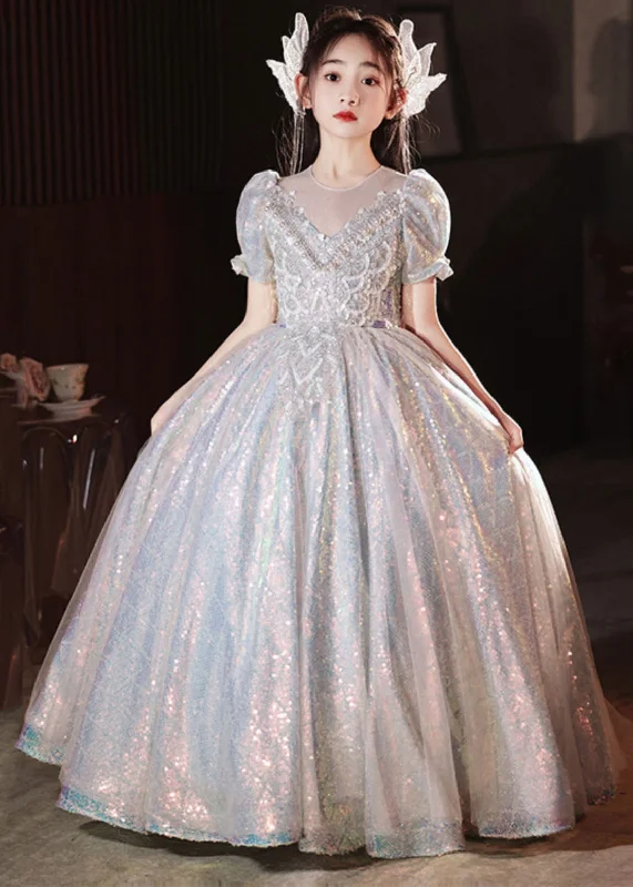 Boutique Silver Nail Bead Tulle Patchwork Girls Vacation Long Dresses Summer QV024 Tunics Solid Classic Boutique Silver Nail Bead Tulle Patchwork Girls Vacation Long Dresses Summer QV024 Tunics Solid Classic