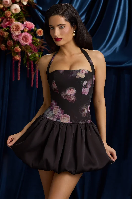 Halterneck Lace-Up Bubble Hem Mini Dress in Black Floral Print Classic Black Mini Dress Halterneck Lace-Up Bubble Hem Mini Dress in Black Floral Print Classic Black Mini Dress