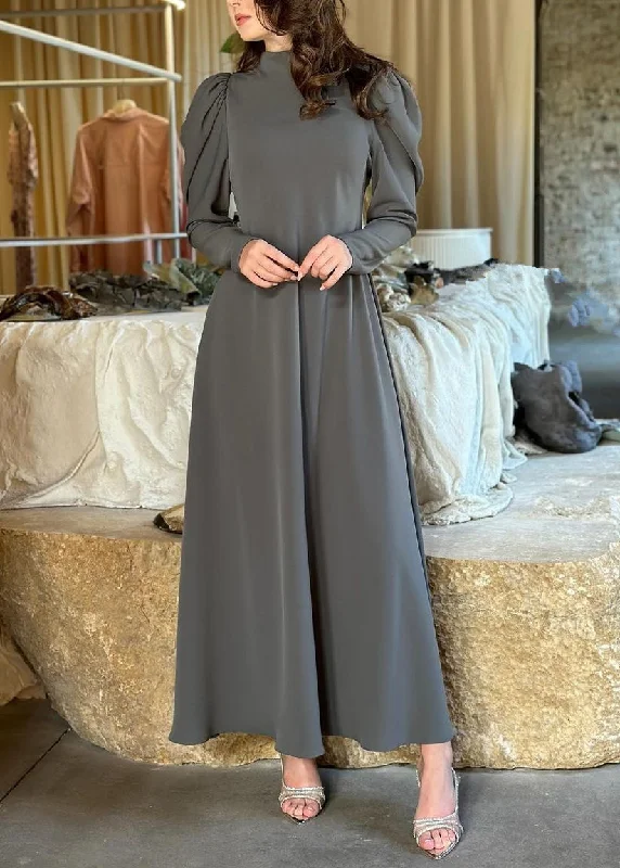 Simple Grey Solid High Waist Cotton Long Dresses Fall QL013 Tunics Evening elegant