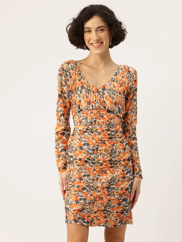 Floral Printed Pleated Detail Sheath Mini Dress Trendy Tie-Dye Mini Dress