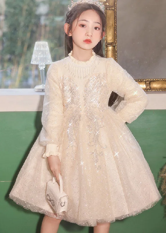 Casual Champagne Stand Collar Nail Bead Tulle Kids Long Dress Fall QV020 Tunics Formal black Casual Champagne Stand Collar Nail Bead Tulle Kids Long Dress Fall QV020 Tunics Formal black