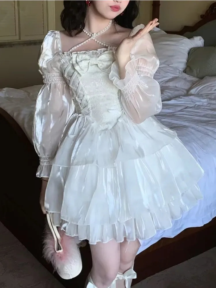 Japanese Sweet Fairy Lolita Dress Women White Mesh Elegant Princess Dress Female Bow Casual Evening Party Dress Summer 2024 Slim Tunics Ceremony elegant
