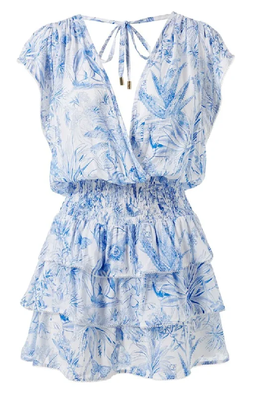 Tropical Mini Dress With Paisley Print in Blue Cozy Ruched Mini Dress