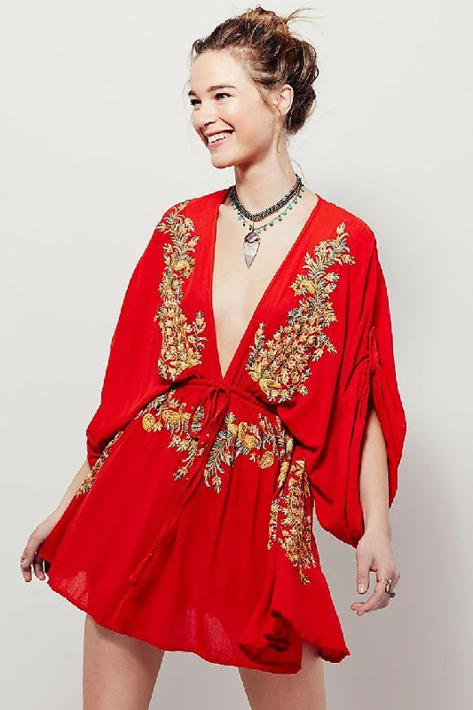 Retro Embroidered Deep V Sleeved Boho Style Mini Dress - Red Tunics Sophisticated sleek