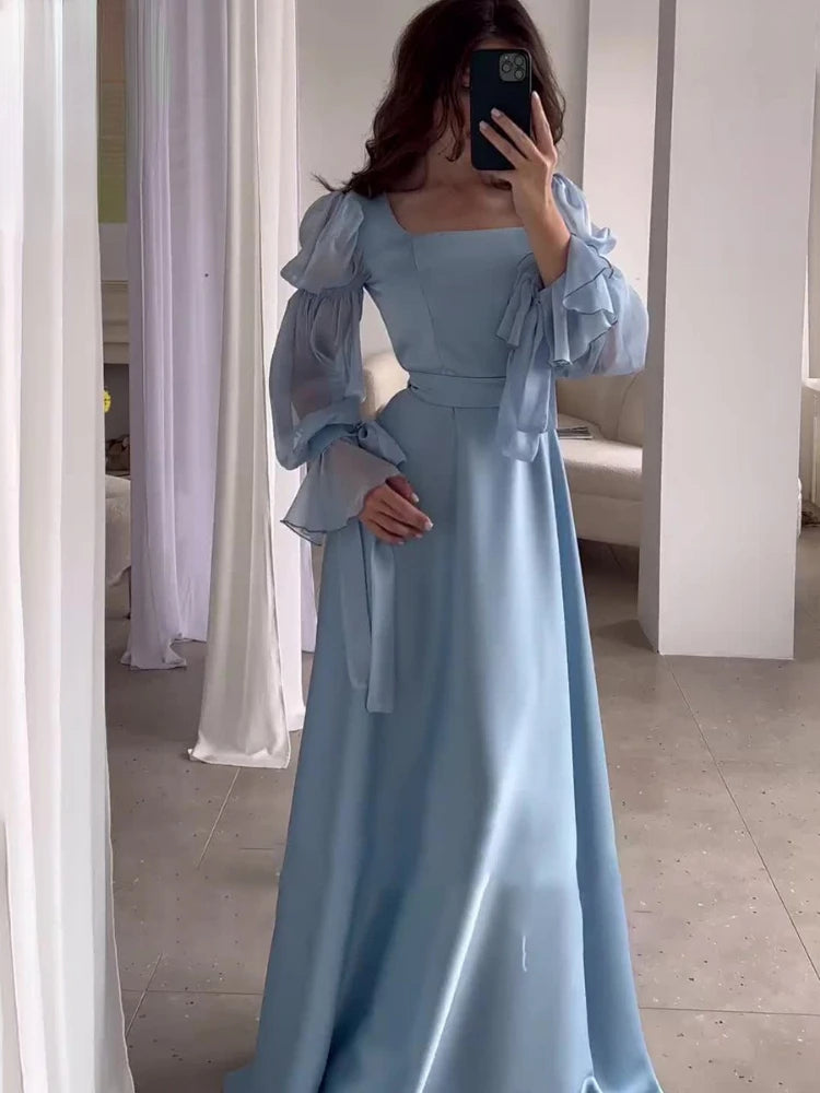 Women Spring Summer Elegant Satin Dresses Lady's Puff Sleeve Square Neck Long Skirt Fashionable Slim Fit Women's Evening Dress Tunics Luxurious premium Women Spring Summer Elegant Satin Dresses Lady's Puff Sleeve Square Neck Long Skirt Fashionable Slim Fit Women's Evening Dress Tunics Luxurious premium