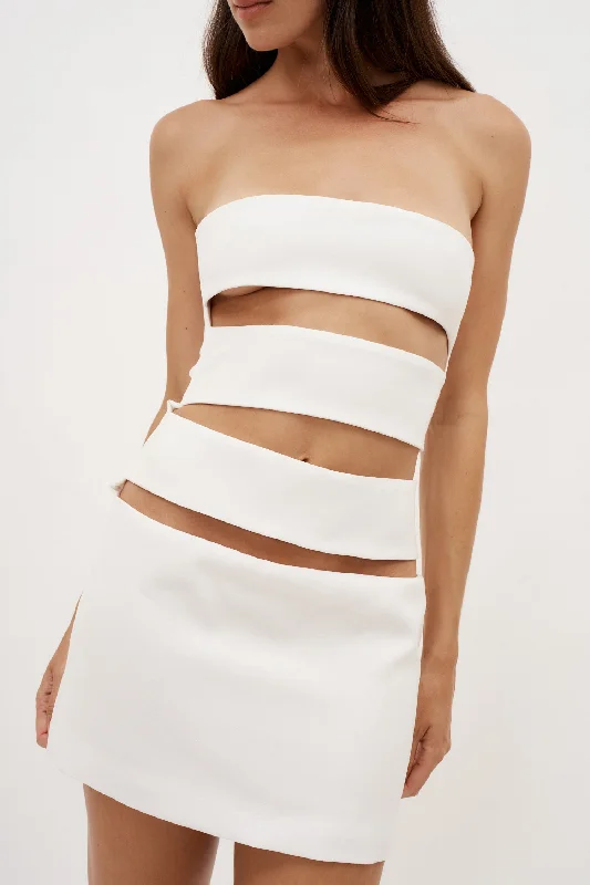 Strapless White Horizontal Cut Out Mini Dress Elegant Lace Mini Dress