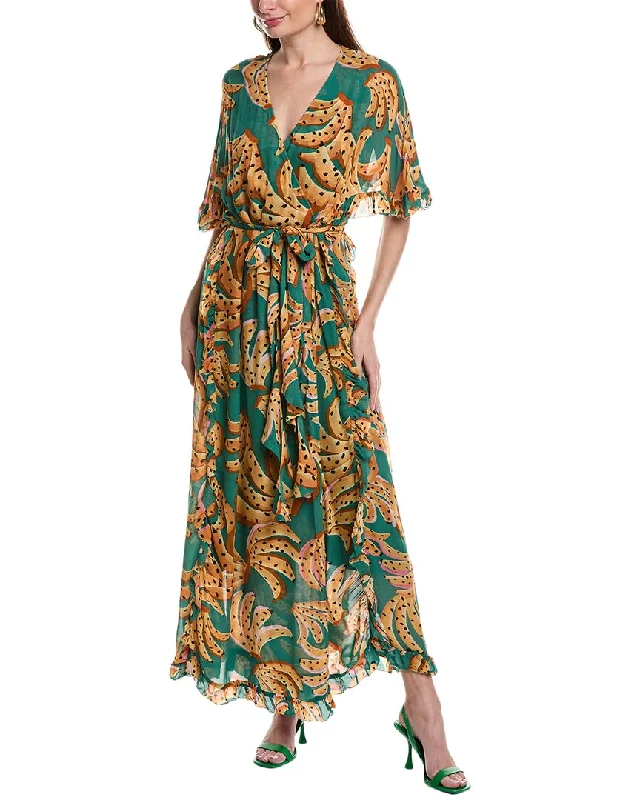 FARM Rio Green Raining Bananas Maxi Wrap Dress Pencil Office Professional