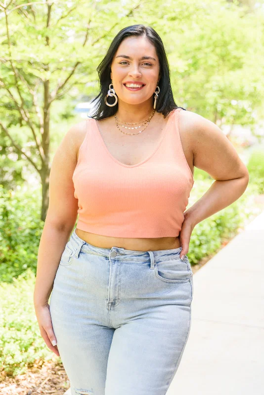 Tell Me More Ribbed Crop Top In Coral with Built in Bra! Silk Blend Satin Velvet