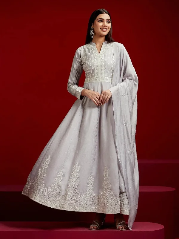 Libas Art Grey Embroidered Silk Blend A-Line Kurta With Trousers & Dupatta Trousers Bootcut Casual Libas Art Grey Embroidered Silk Blend A-Line Kurta With Trousers & Dupatta Trousers Bootcut Casual