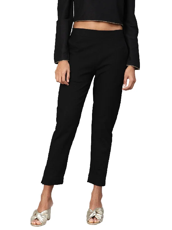 Women Black Straight Fit Solid Regular Trousers Trousers Solid Black