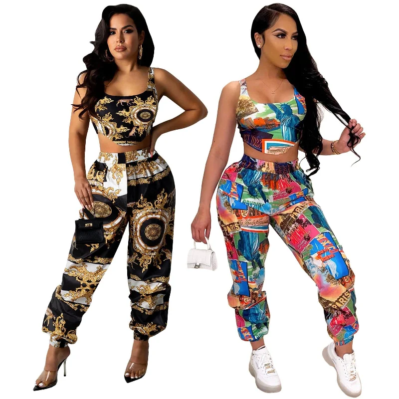 QM4284 new arrivals liberty print camisole short top trousers suit two piece set women Trousers Satin Smooth