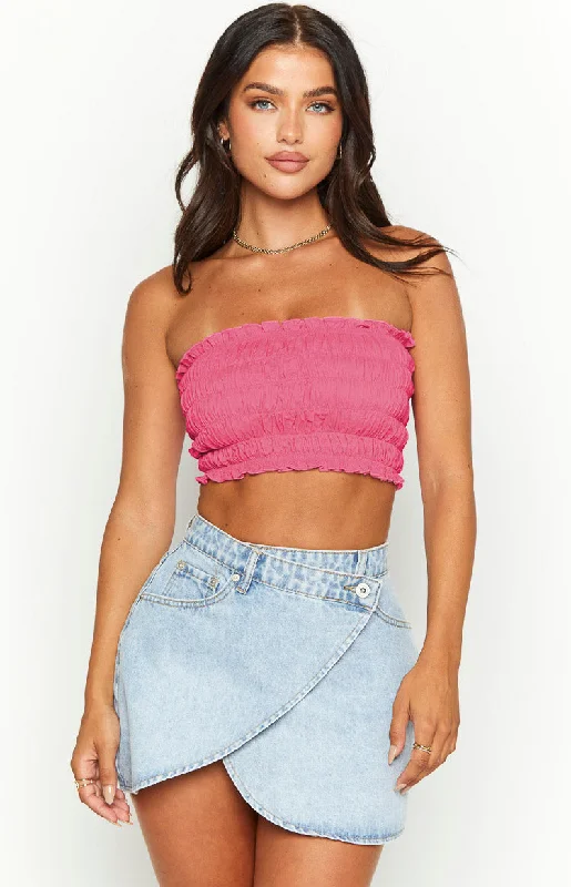 Kyra Pink Linen Blend Crop Top Fashionable Trendy Casual