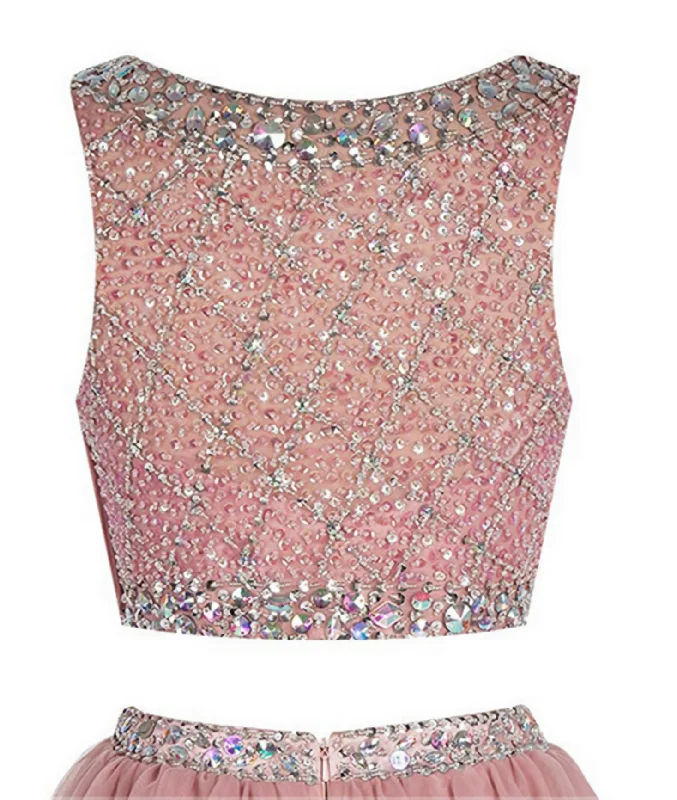 Bateau Neck Illusion Pink Short Crystal Beaded Two Piece Sequined Crop Top Tulle Mini Prom Dresses Knit Fabric Woven Fabric Fleece Fabric