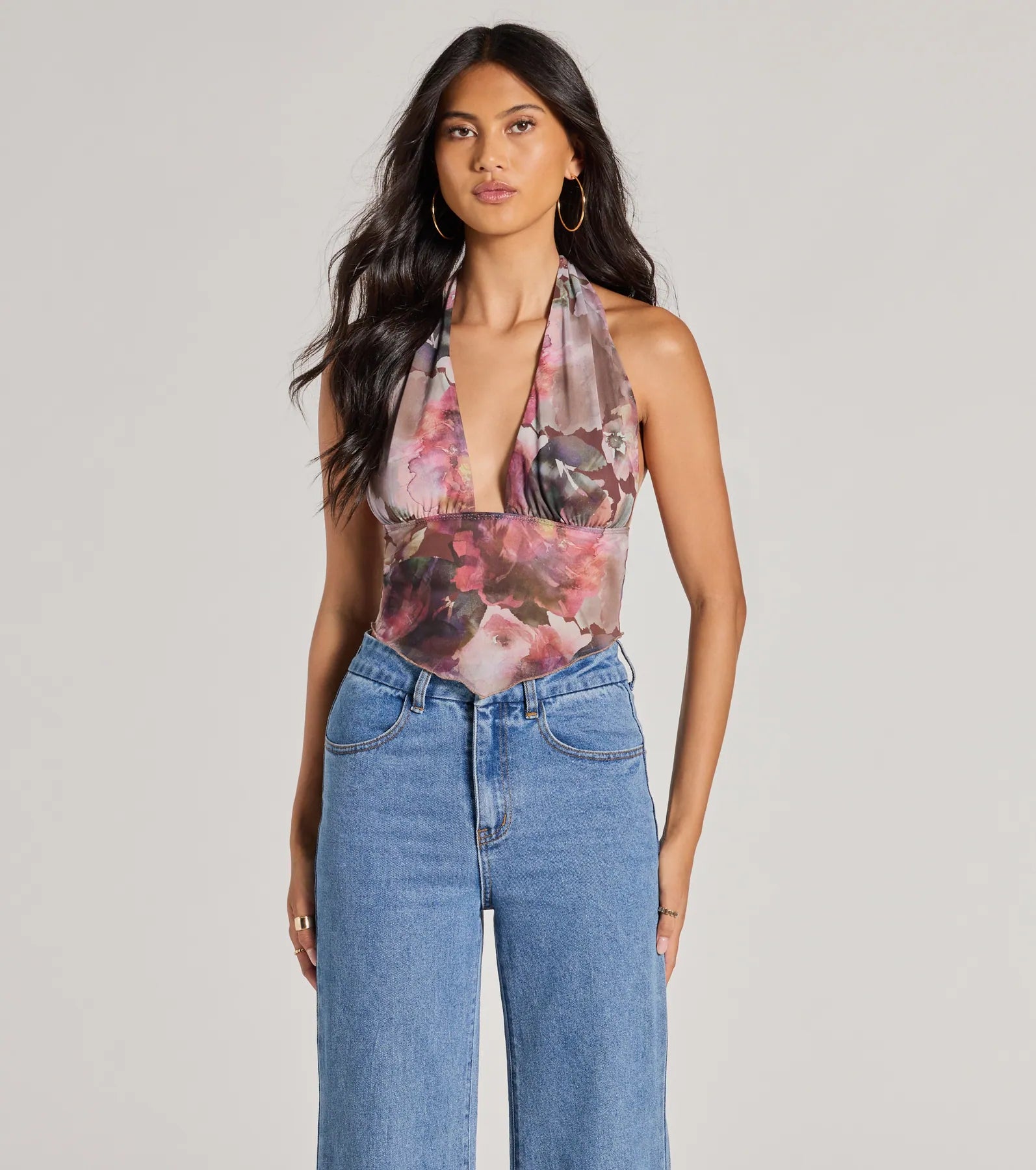 Sultry Impact Halter Abstract Floral Crop Top Houndstooth Herringbone Solid