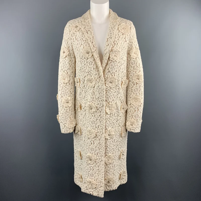 CHLOE Size 4 Cream Lace Faux Pearl Flower Notch Lapel Evening Coat Appliqued Beaded Sequined