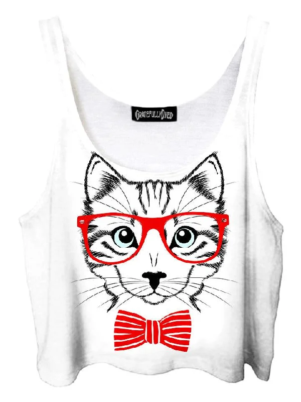 Four Eyed Bow Tie Kitty Cat Crop Top Knit Fabric Woven Fabric Fleece Fabric