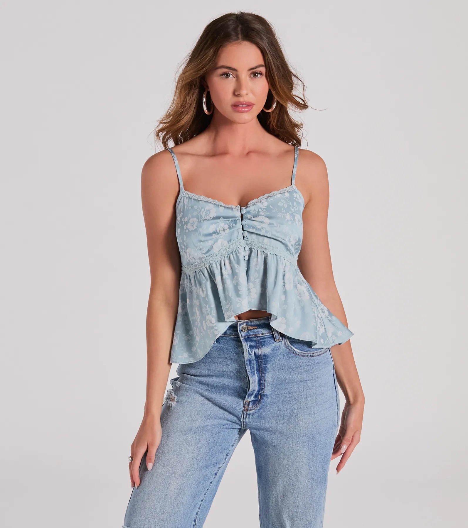 Charming And Sweet Button Down Floral Satin Crop Top Layered Multi-layer Single Layer