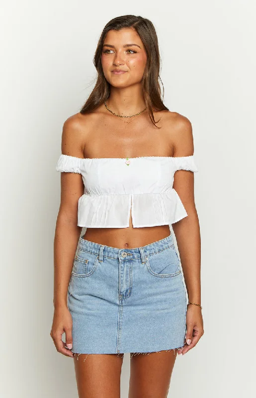 Dandi White Off The Shoulder Crop Top Beaded Sequined Faux Fur