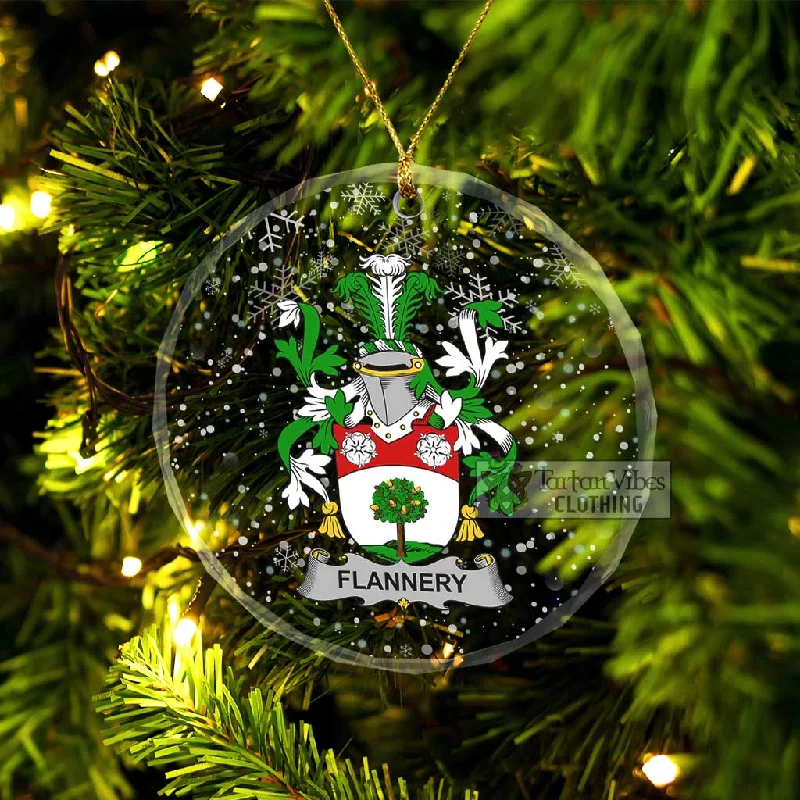 Flannery Irish Clan Christmas Glass Ornament with Coat of Arms Crew Neck V-Neck Boat Neck