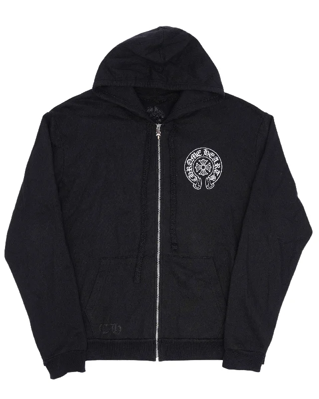 Vegas Horseshoe Logo Zip Up Hoodie Hoodie with Hem Raw Edge Edgy Unfinished