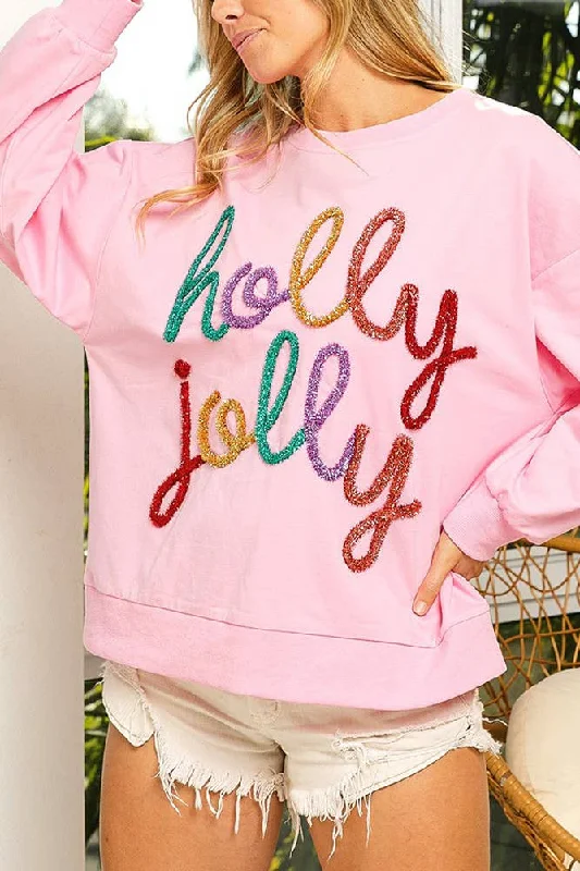 Holly Jolly Christmas Pullover Sweatshirt Over Sleeve Pullover