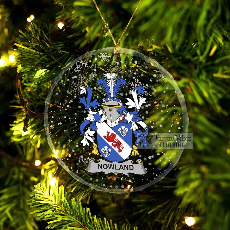 Nowland Irish Clan Christmas Glass Ornament with Coat of Arms Striped Polka Dot Floral