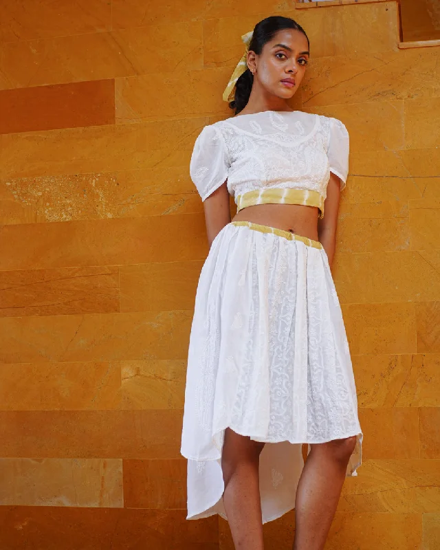 Pari Embroidered High Low Skirt and Crop Top Set Mesh Blend Leather Blend Suede Blend
