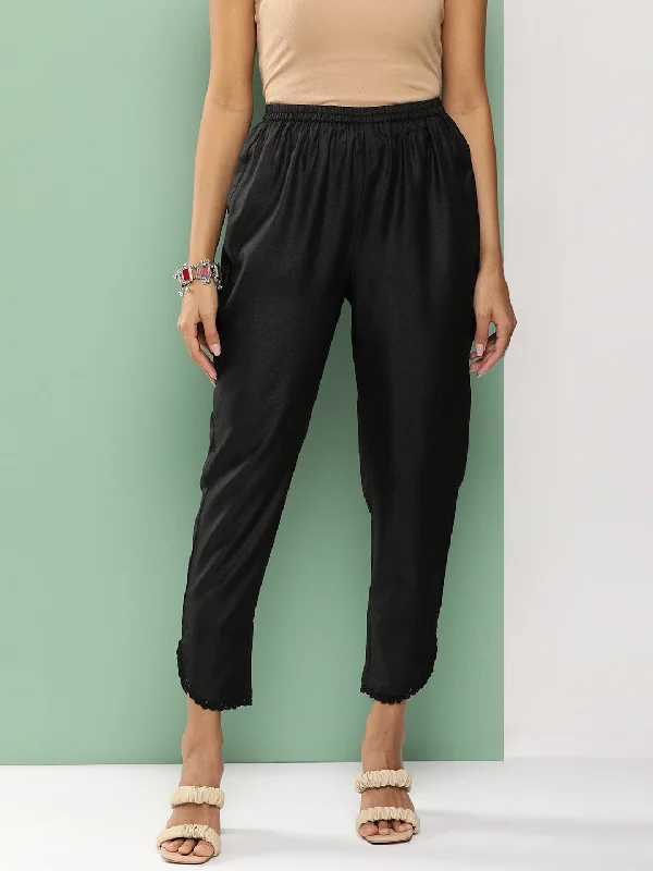 Black Loose Fit Gathered Trousers Trousers Fleece Cozy