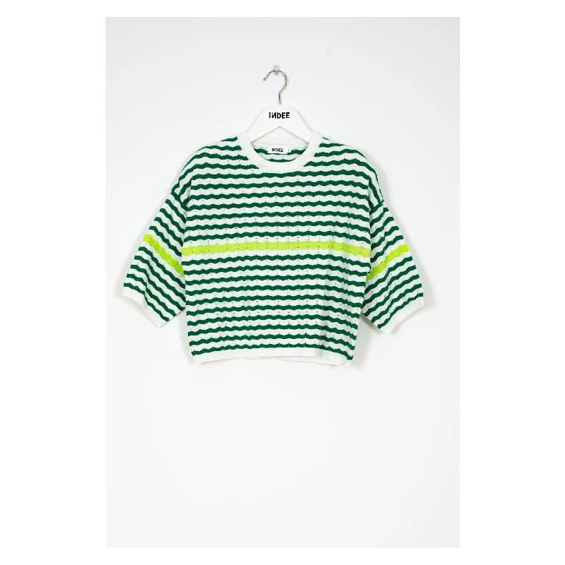 Indee Green Striped Knit Pullover Plunging Neck Pullover
