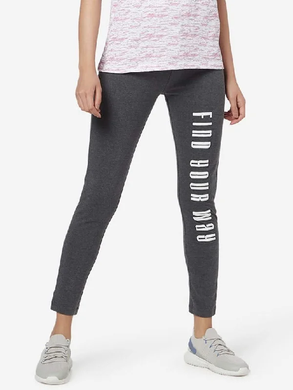Studiofit Grey Melange Text Print Leggings Comfortable Ribbed Waistband Leggings