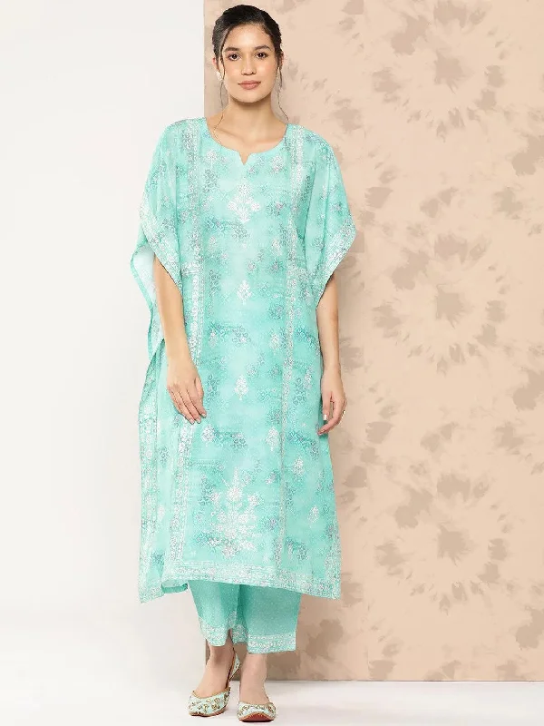Sea Green Printed Silk Blend Kaftan Kurta With Trousers Trousers Culottes Wide Leg