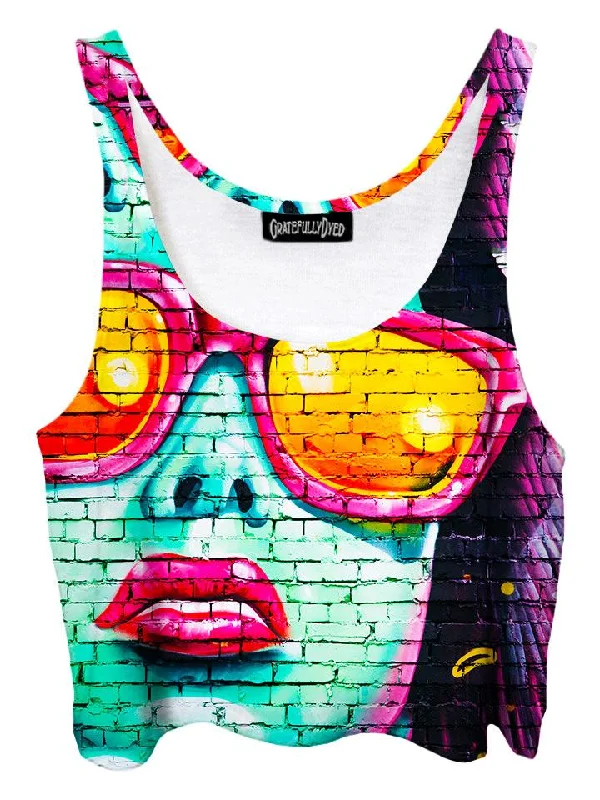 Mod Graffiti Street Art Crop Top Mesh Blend Leather Blend Suede Blend