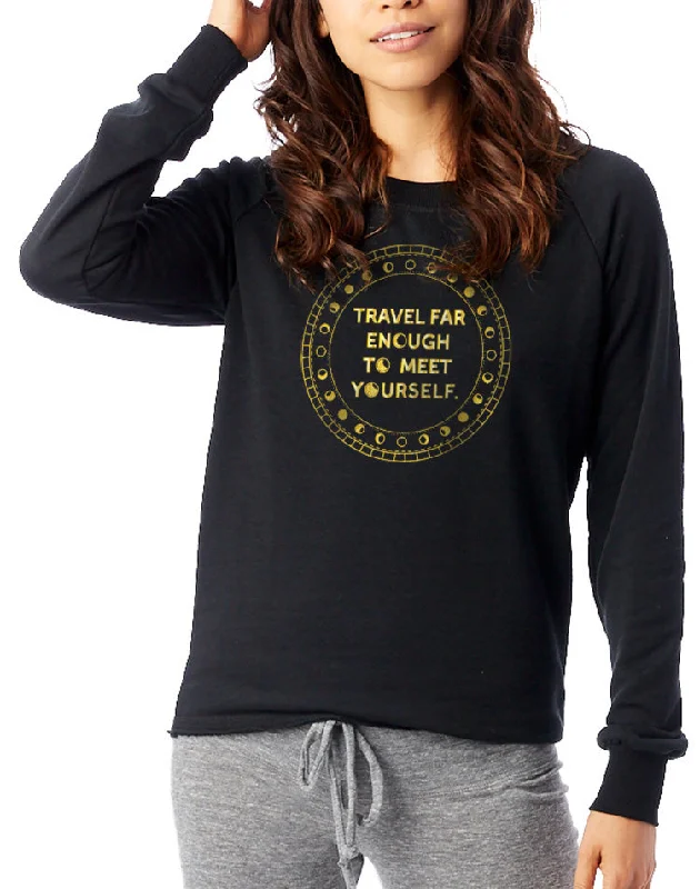 Women's Gold Shimmer Travel Far Enough To Meet Yourself Loved-In Pullover Notched Neck Pullover Women's Gold Shimmer Travel Far Enough To Meet Yourself Loved-In Pullover Notched Neck Pullover